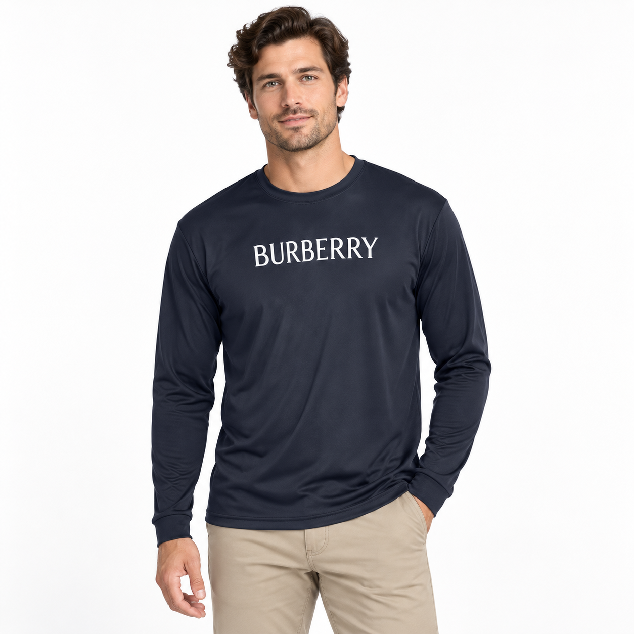 Men's Burberry Polyester Long Sleeve T-Shirt in Navy — lifestyle view