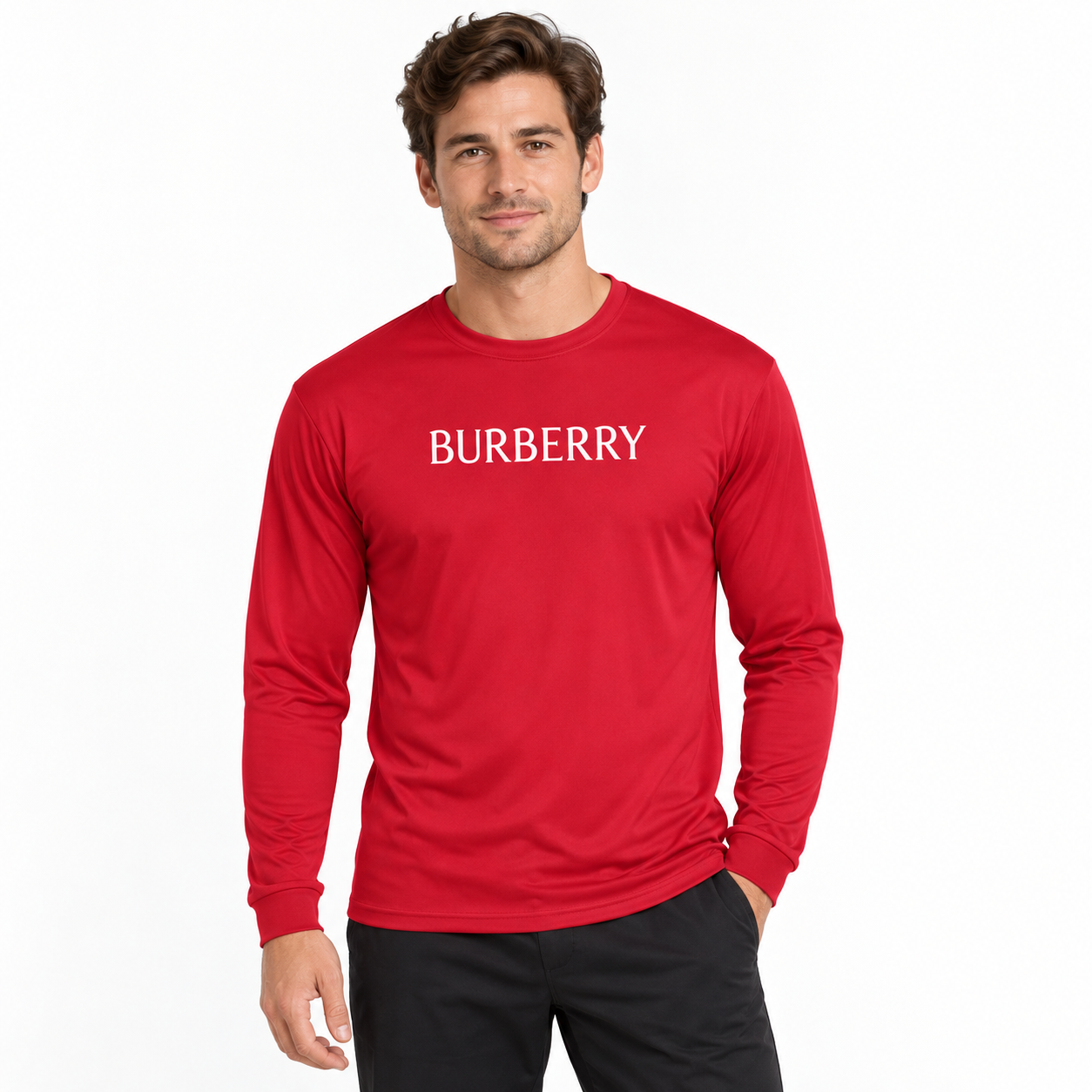 Men's Burberry Polyester Long Sleeve T-Shirt in Red — lifestyle view