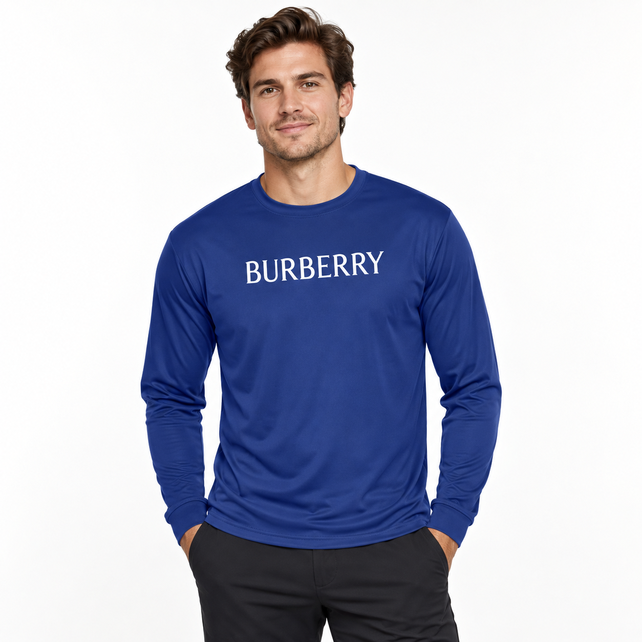 Men's Burberry Polyester Long Sleeve T-Shirt in Royal Blue — lifestyle view