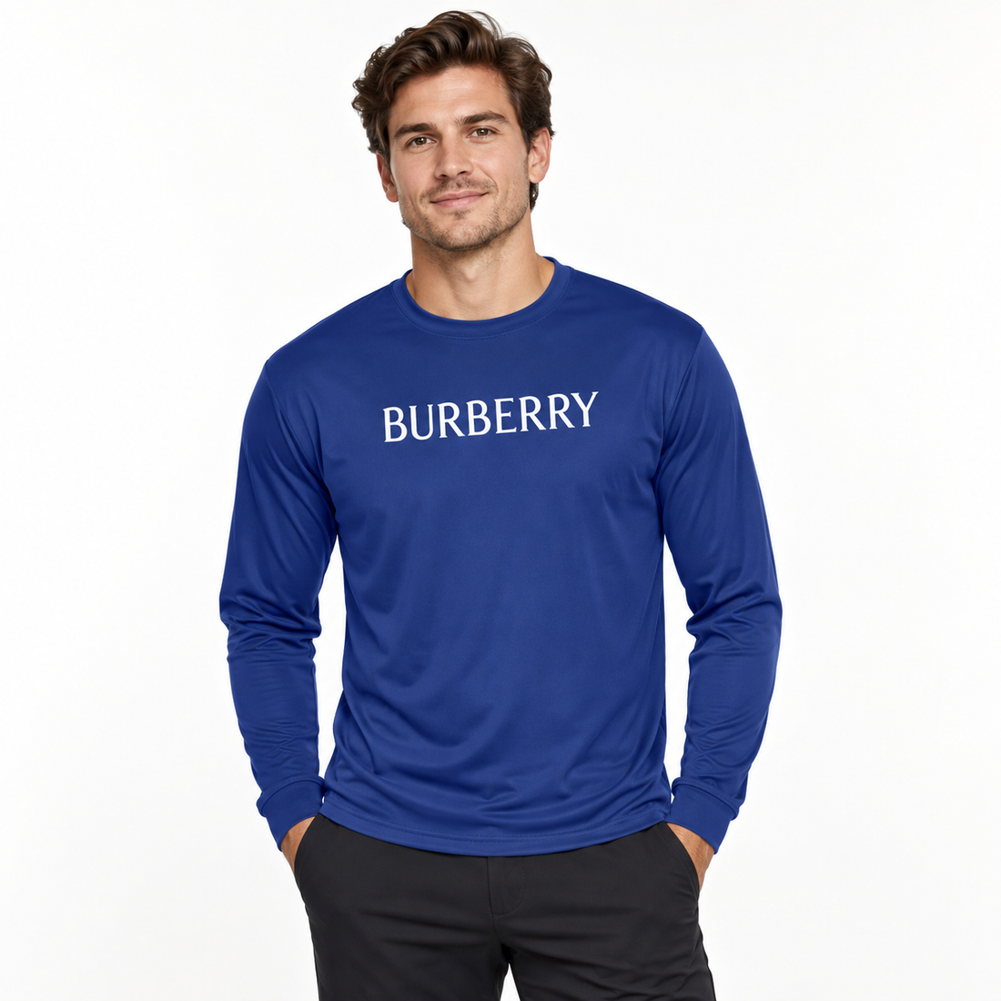 Men's Burberry Polyester Long Sleeve T-Shirt in Royal Blue — lifestyle view