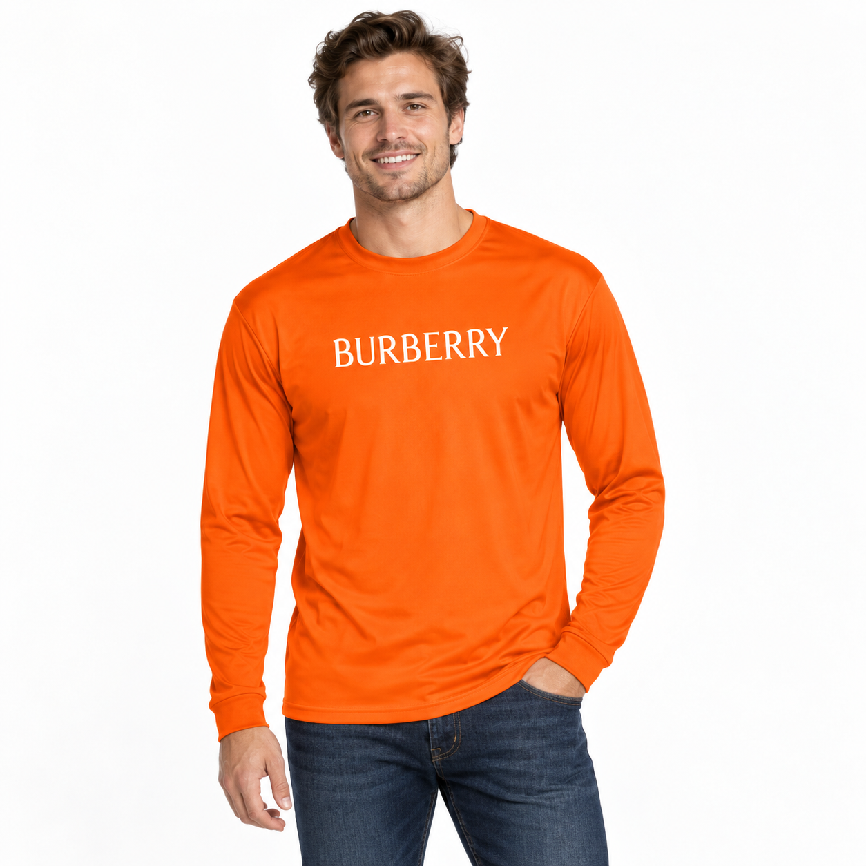 Men's Burberry Polyester Long Sleeve T-Shirt in Safety Orange — lifestyle view