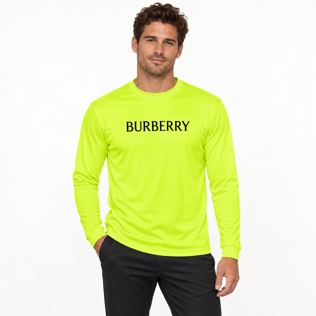 Men's Burberry Polyester Long Sleeve T-Shirt in Safety Yellow — lifestyle view