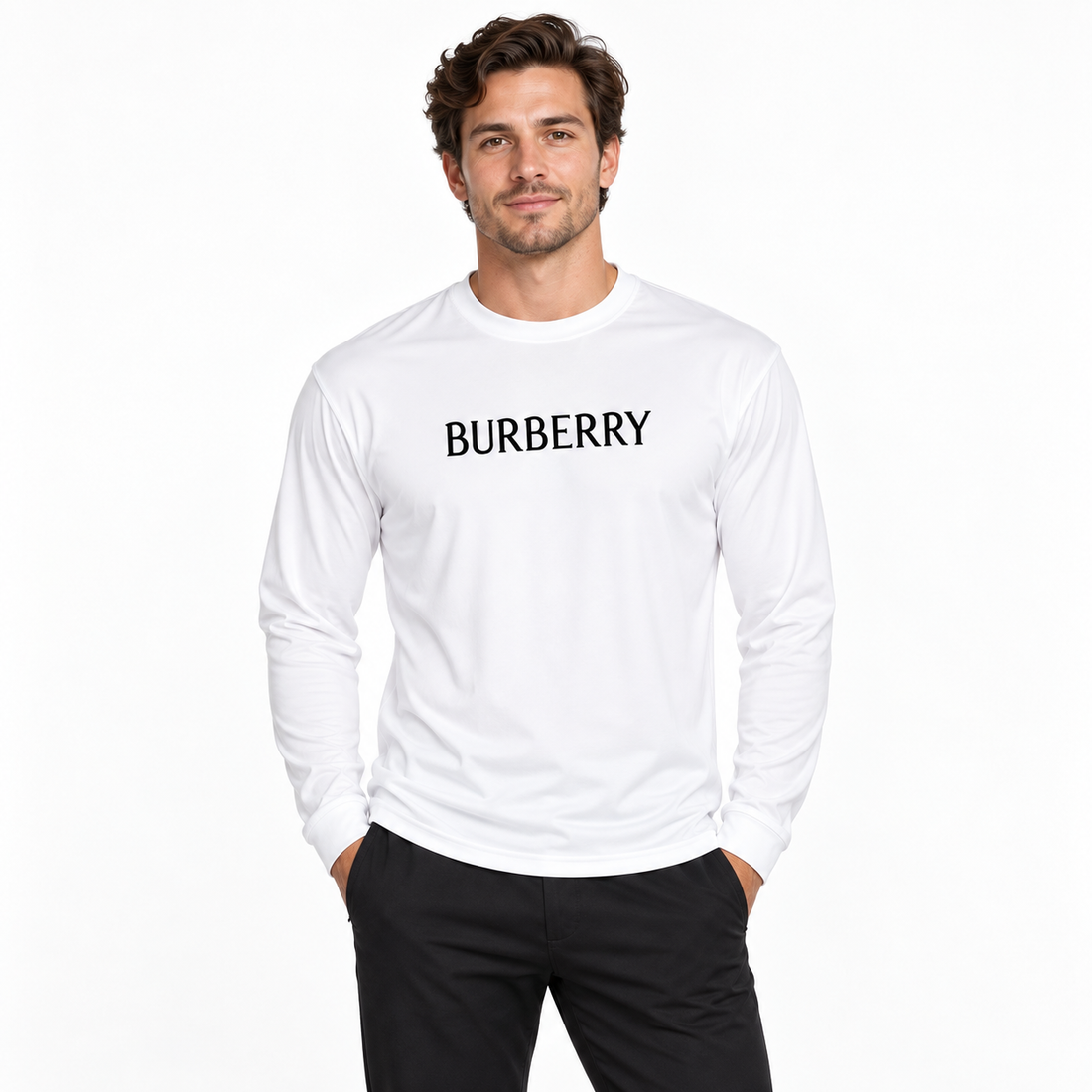 Men's Burberry Polyester Long Sleeve T-Shirt in White — lifestyle view