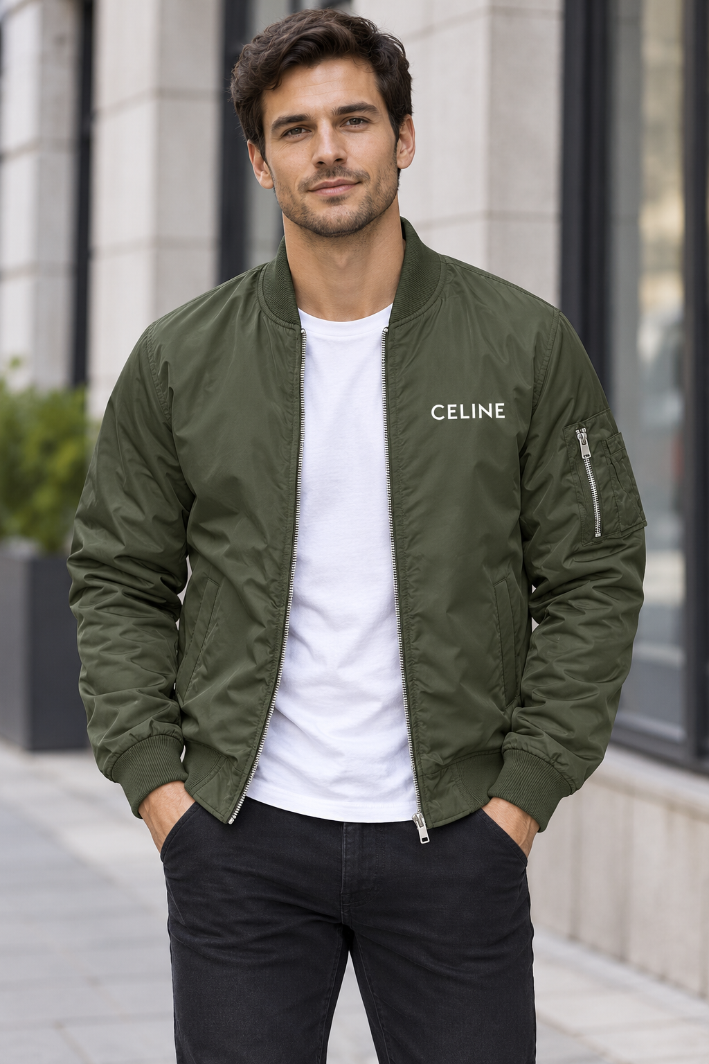 Men's Celine Lightweight Bomber Jacket Windbreaker Softshell Varsity Jacket Coat | Color: Army Green | Image 1