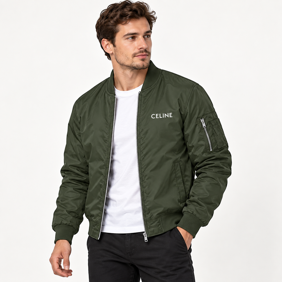 Men's Celine Lightweight Bomber Jacket Windbreaker Softshell Varsity Jacket Coat | Color: Army Green | Image 2