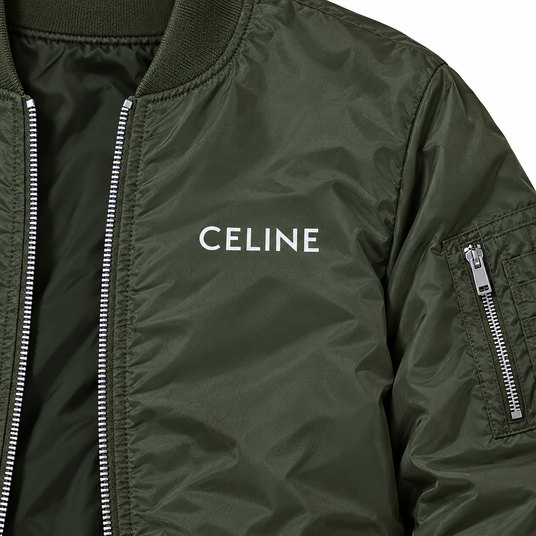 Men's Celine Lightweight Bomber Jacket Windbreaker Softshell Varsity Jacket Coat | Color: Army Green | Image 3