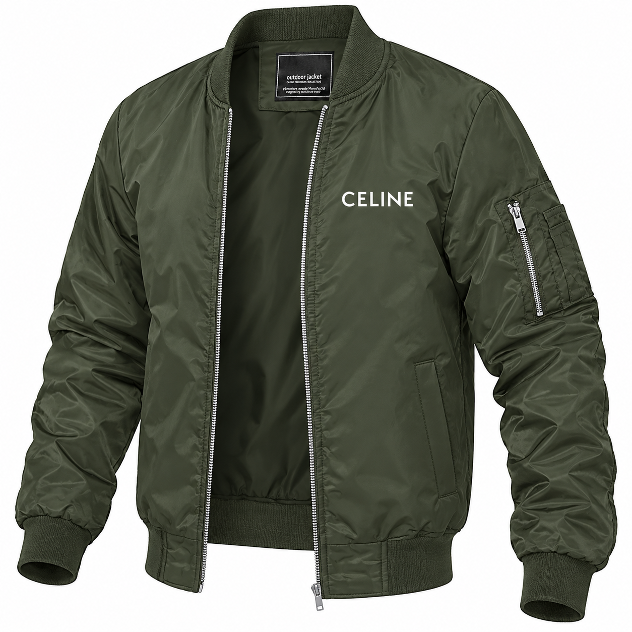 Men's Celine Lightweight Bomber Jacket Windbreaker Softshell Varsity Jacket Coat | Color: Army Green | Image 5
