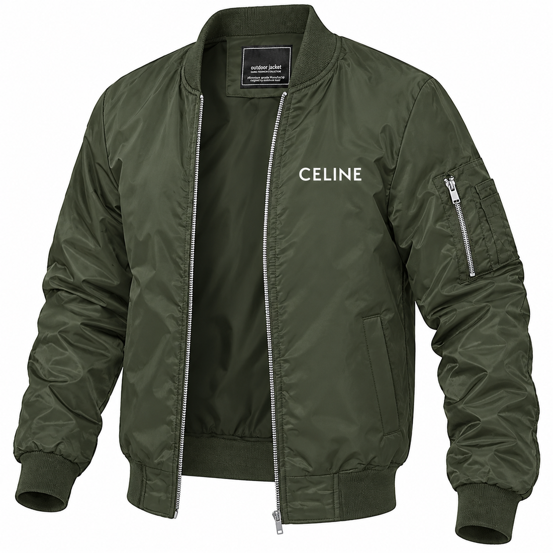 Men's Celine Lightweight Bomber Jacket Windbreaker Softshell Varsity Jacket Coat | Color: Army Green | Image 5