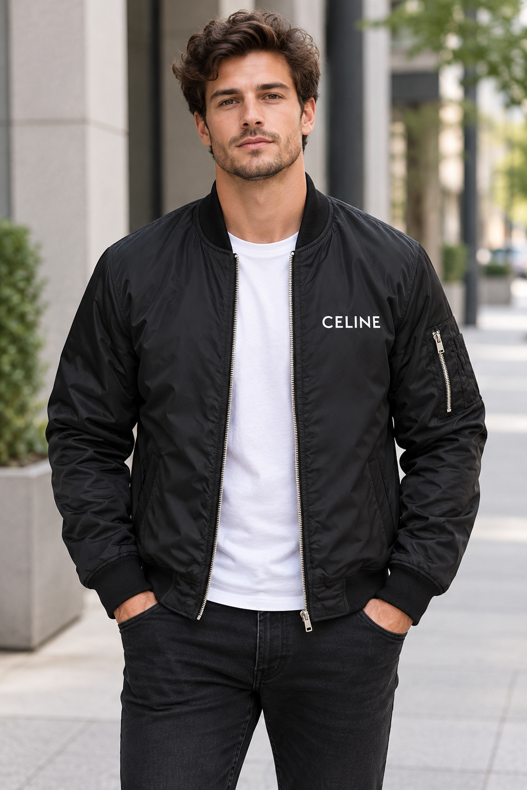 Men's Celine Lightweight Bomber Jacket Windbreaker Softshell Varsity Jacket Coat | Color: Black | Image 1