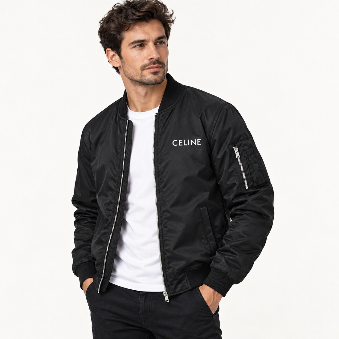Men's Celine Lightweight Bomber Jacket Windbreaker Softshell Varsity Jacket Coat | Color: Black | Image 2