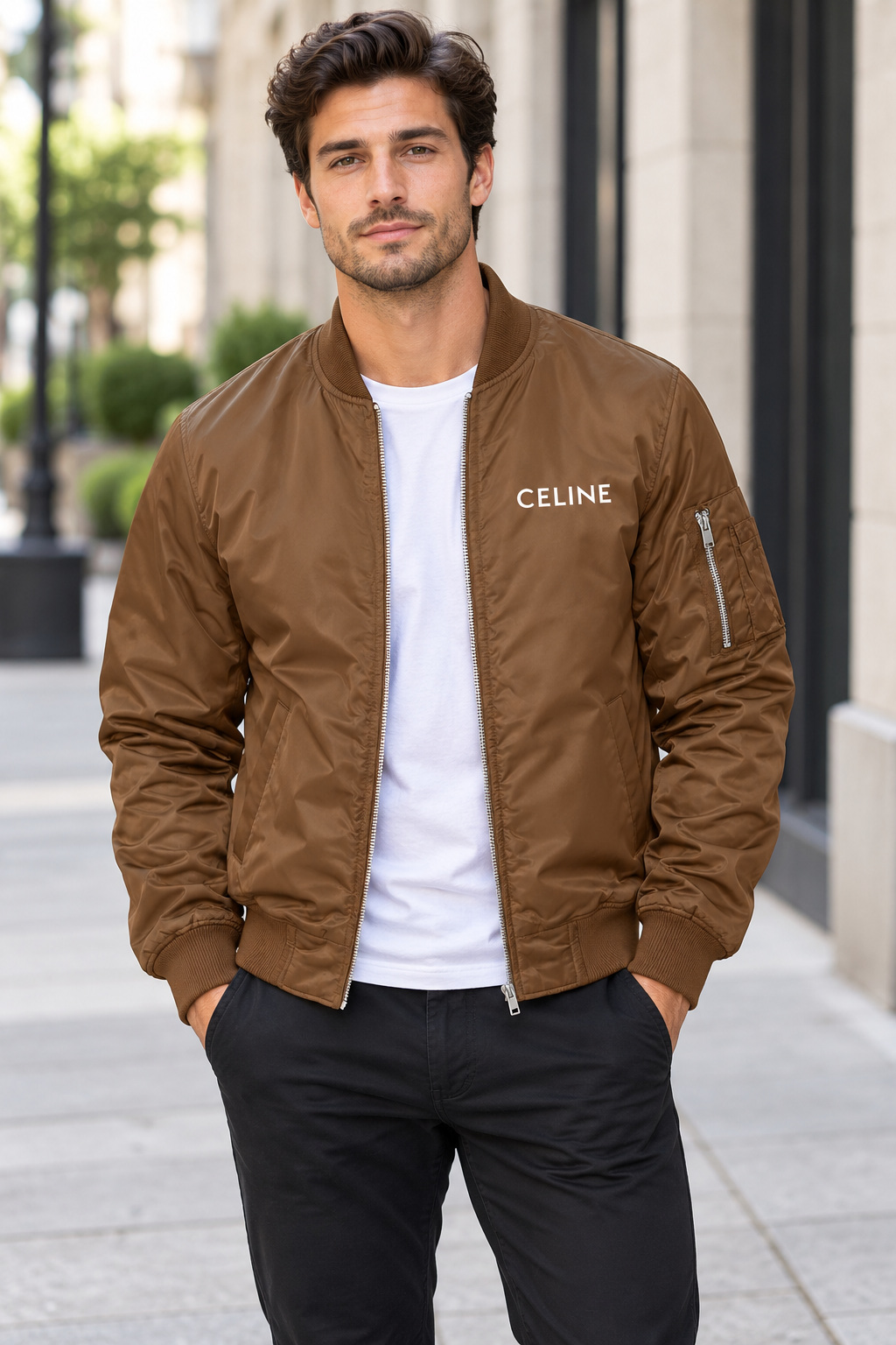 Men's Celine Lightweight Bomber Jacket Windbreaker Softshell Varsity Jacket Coat | Color: Brown | Image 1