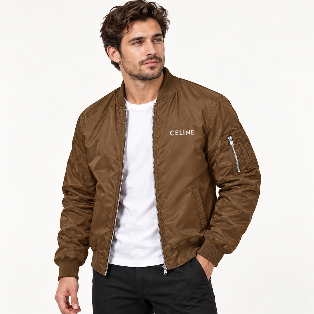 Men's Celine Lightweight Bomber Jacket Windbreaker Softshell Varsity Jacket Coat | Color: Brown | Image 2