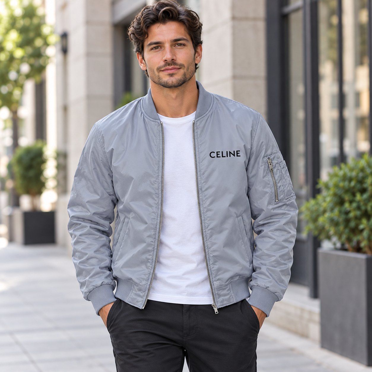 Men's Celine Lightweight Bomber Jacket Windbreaker Softshell Varsity Jacket Coat | Color: Grey | Image 1