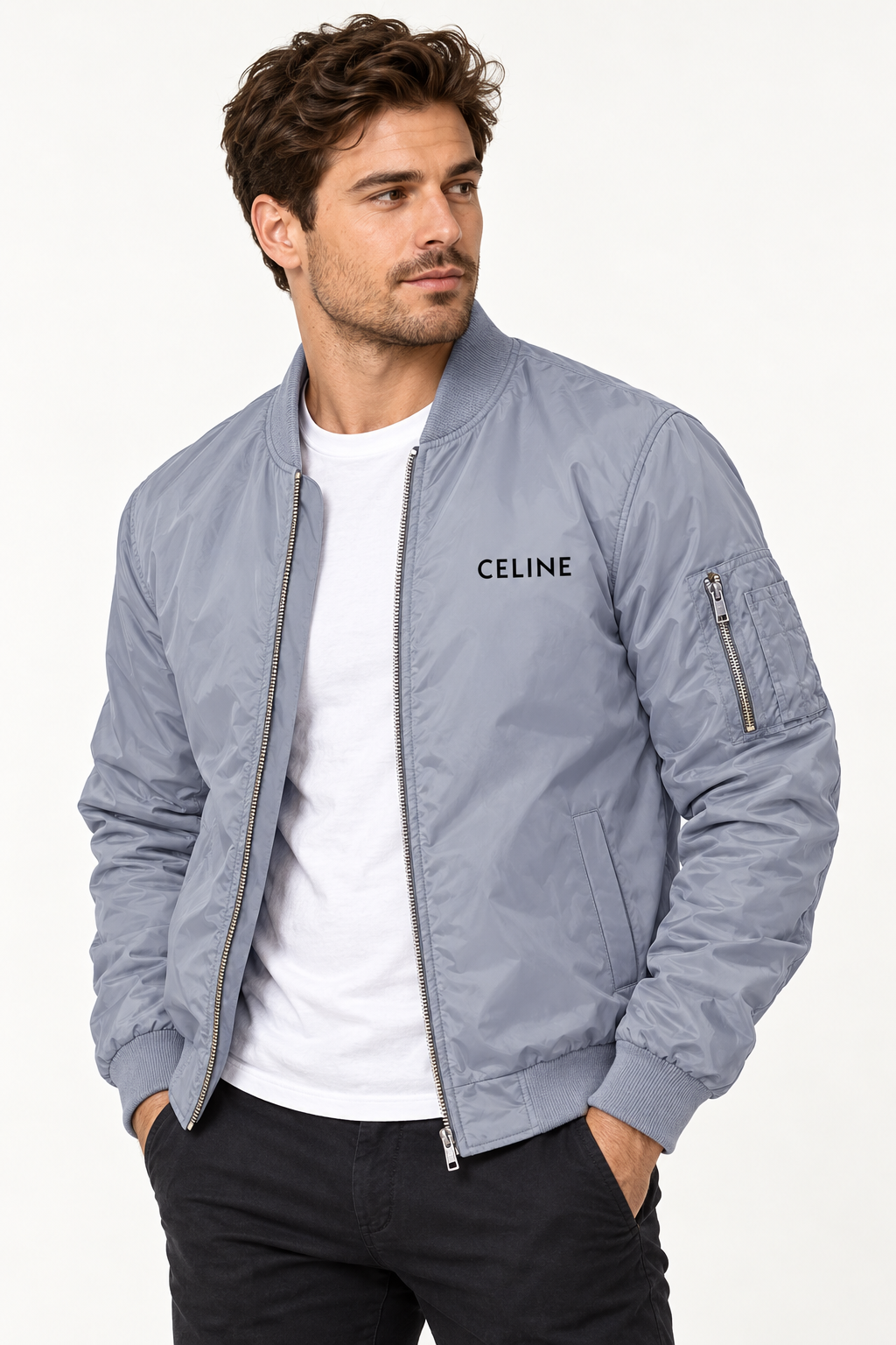 Men's Celine Lightweight Bomber Jacket Windbreaker Softshell Varsity Jacket Coat | Color: Grey | Image 2