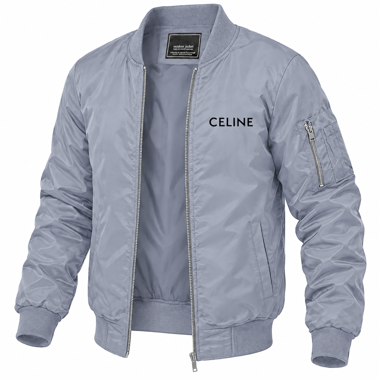 Men's Celine Lightweight Bomber Jacket Windbreaker Softshell Varsity Jacket Coat | Color: Grey | Image 5