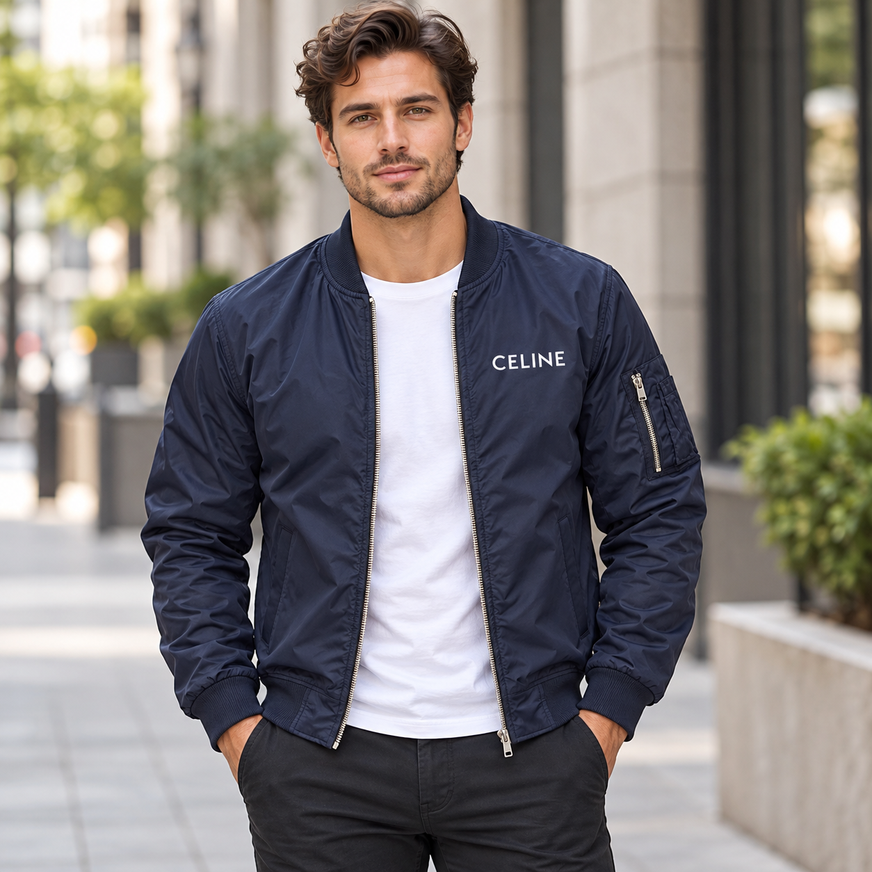 Men's Celine Lightweight Bomber Jacket Windbreaker Softshell Varsity Jacket Coat | Color: Navy | Image 1