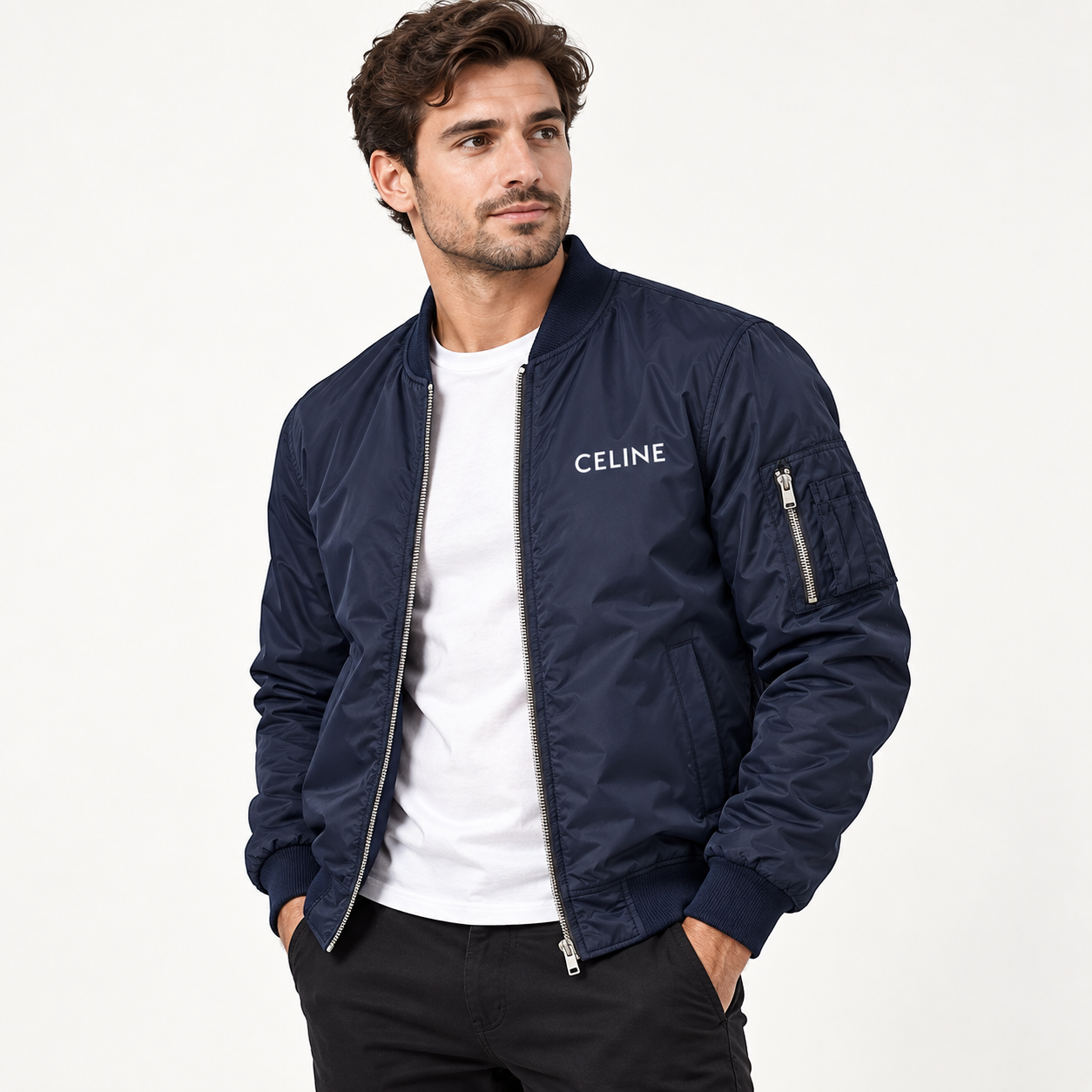 Men's Celine Lightweight Bomber Jacket Windbreaker Softshell Varsity Jacket Coat | Color: Navy | Image 2
