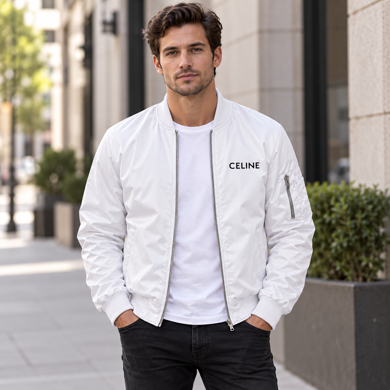 Men's Celine Lightweight Bomber Jacket Windbreaker Softshell Varsity Jacket Coat | Color: White | Image 1