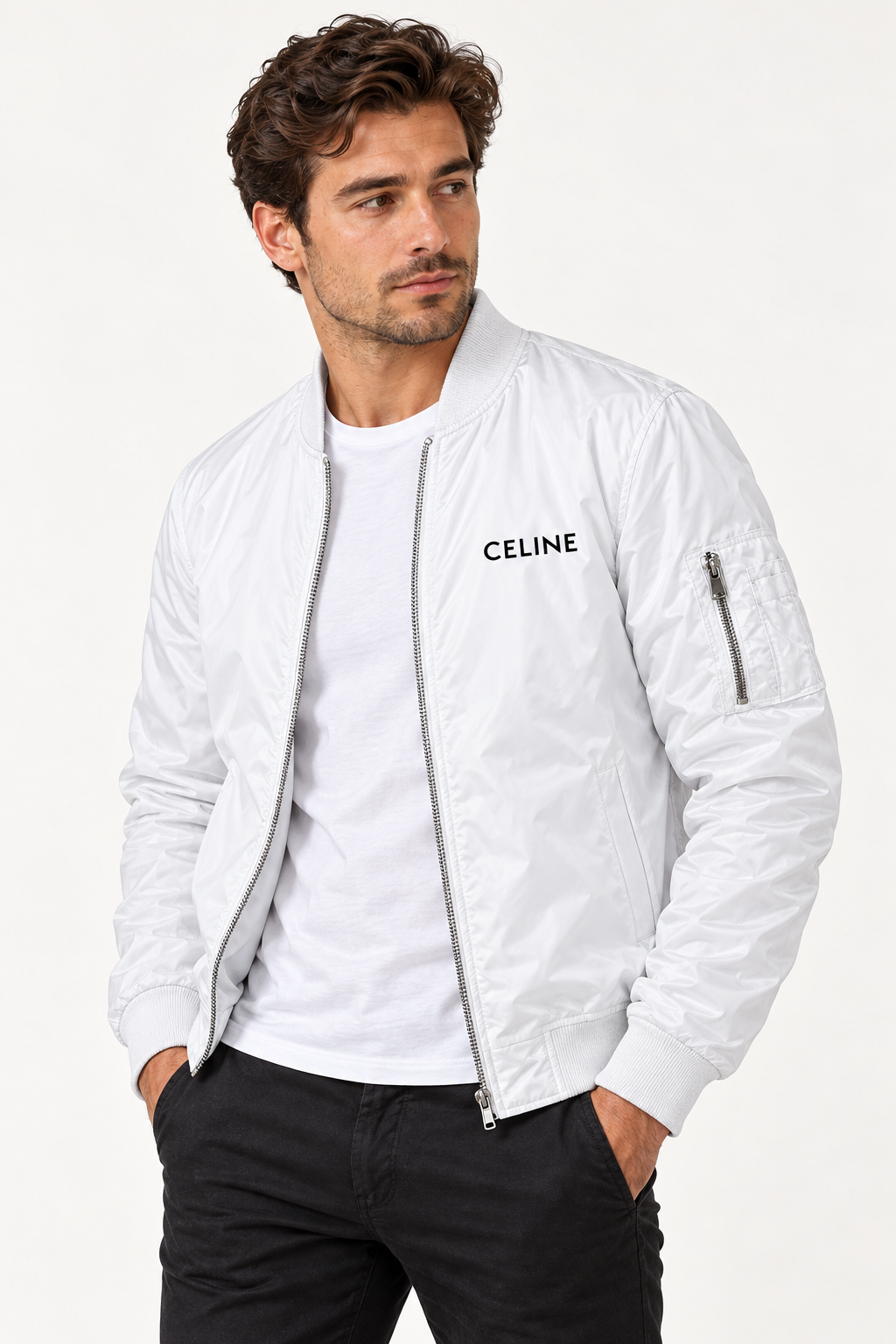 Men's Celine Lightweight Bomber Jacket Windbreaker Softshell Varsity Jacket Coat | Color: White | Image 2