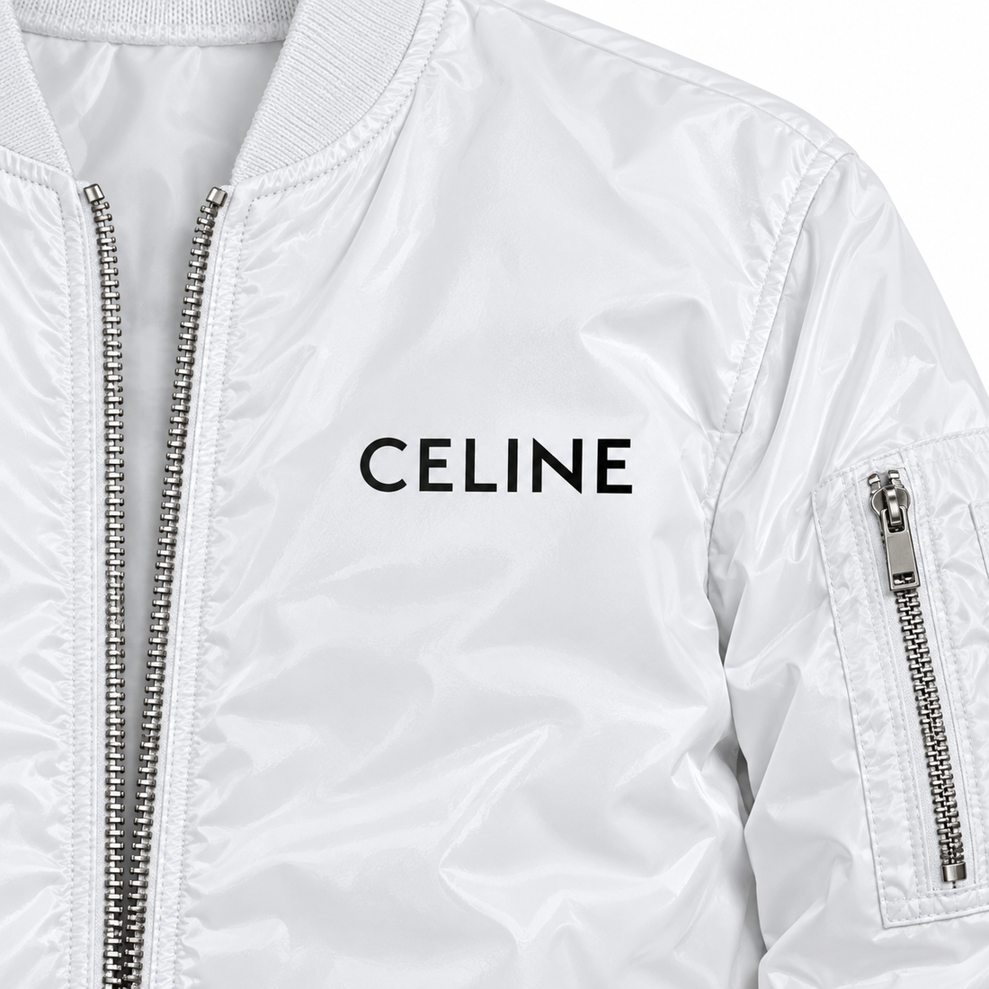 Men's Celine Lightweight Bomber Jacket Windbreaker Softshell Varsity Jacket Coat | Color: White | Image 3