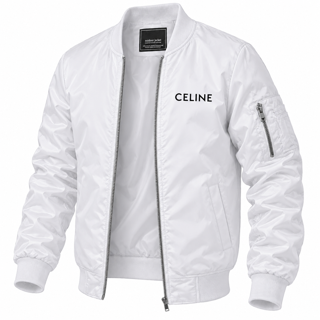 Men's Celine Lightweight Bomber Jacket Windbreaker Softshell Varsity Jacket Coat | Color: White | Image 5