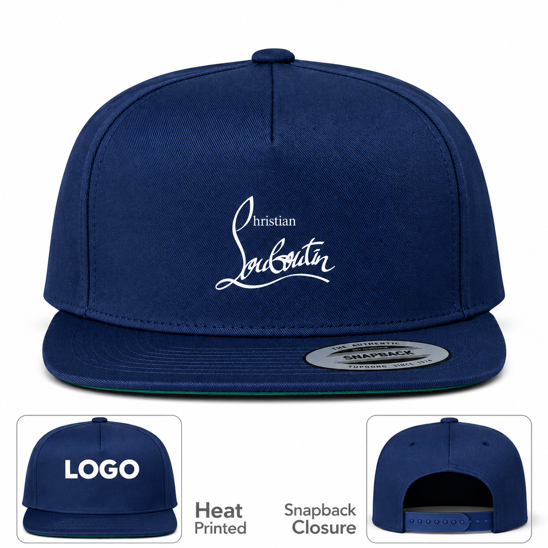 Christian Louboutin snapback in Navy, main front view with product information