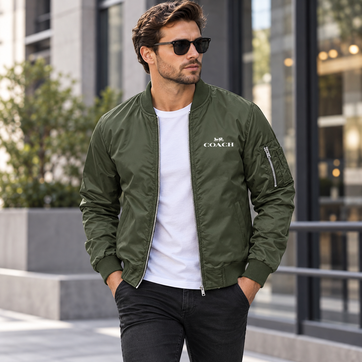 Men's Coach Lightweight Bomber Jacket Windbreaker Softshell Varsity Jacket Coat | Color: Army Green | Image 1