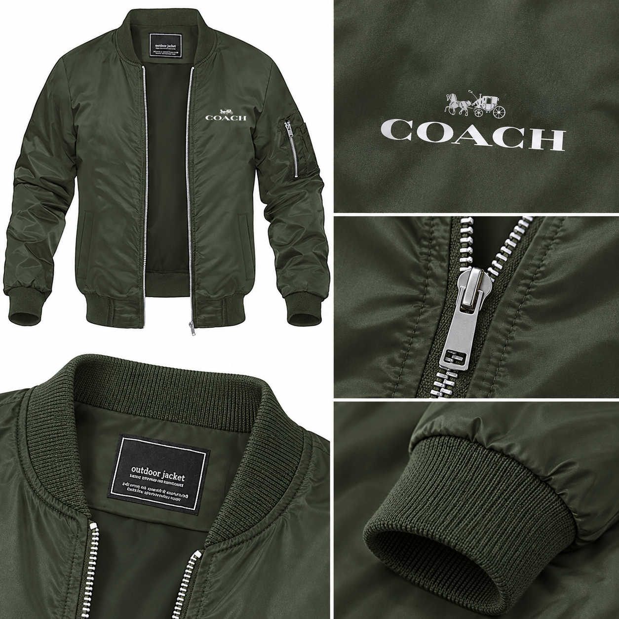 Men's Coach Lightweight Bomber Jacket Windbreaker Softshell Varsity Jacket Coat | Color: Army Green | Image 2