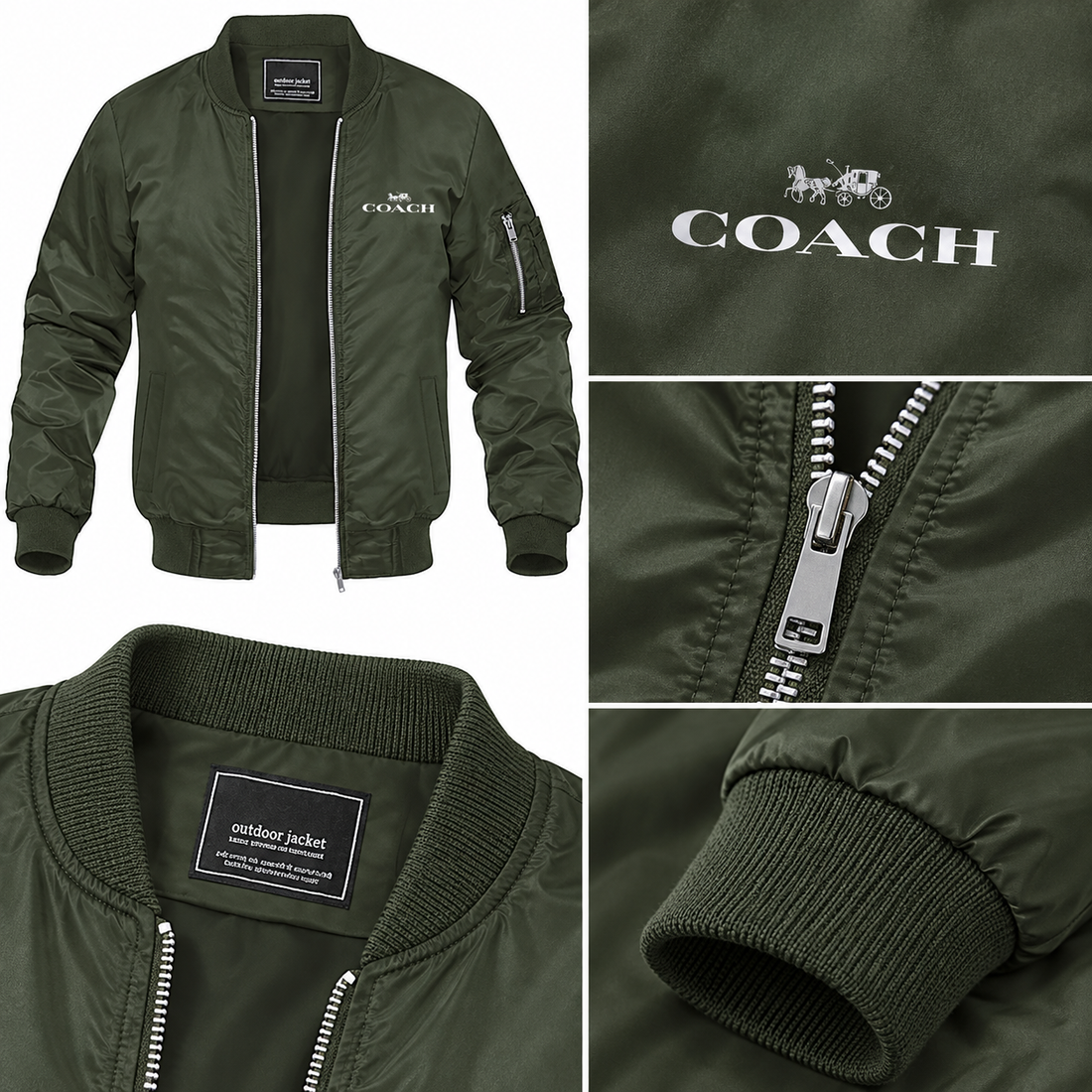 Men's Coach Lightweight Bomber Jacket Windbreaker Softshell Varsity Jacket Coat | Color: Army Green | Image 2