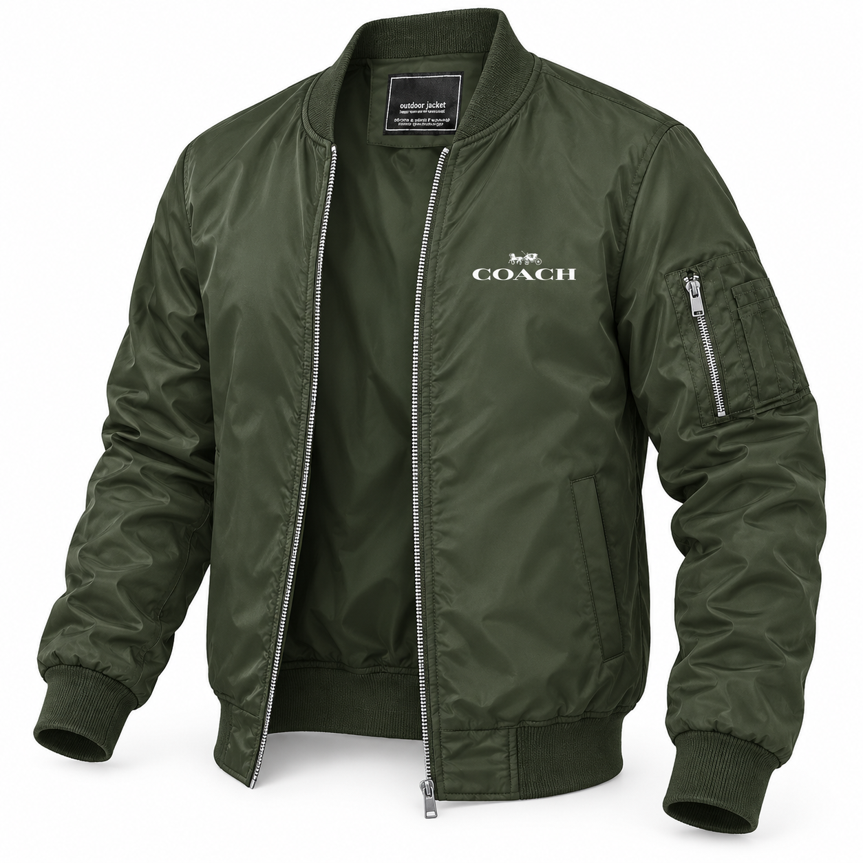 Men's Coach Lightweight Bomber Jacket Windbreaker Softshell Varsity Jacket Coat | Color: Army Green | Image 3