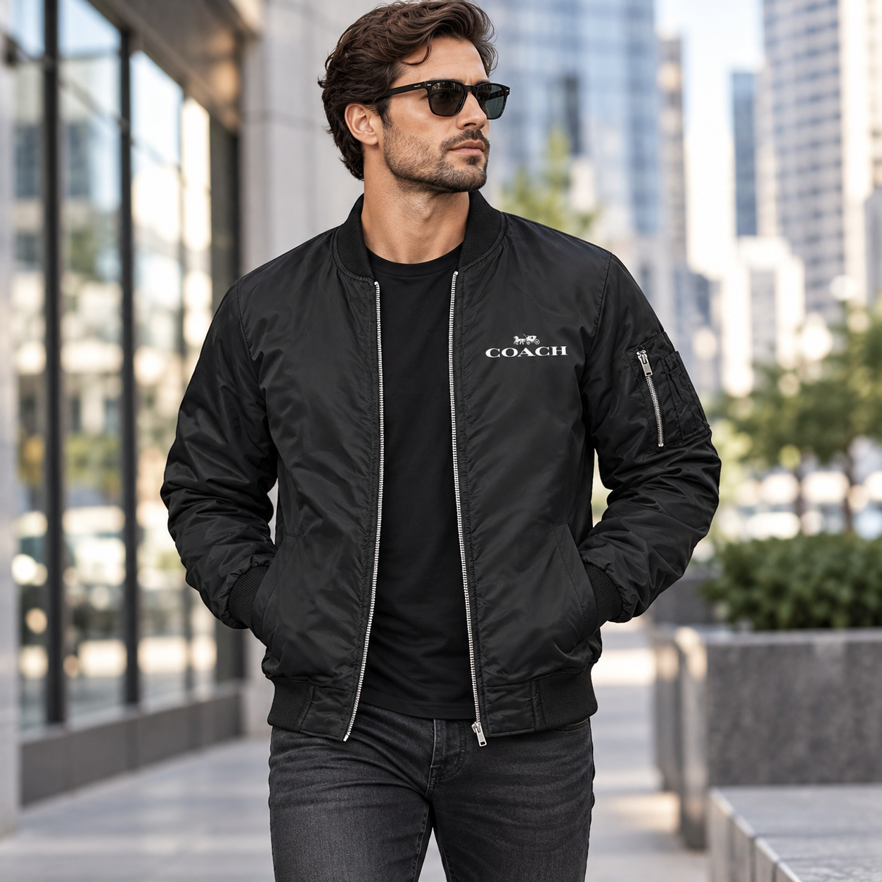 Men's Coach Lightweight Bomber Jacket Windbreaker Softshell Varsity Jacket Coat | Color: Black | Image 1