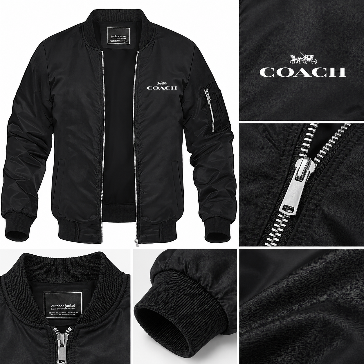 Men's Coach Lightweight Bomber Jacket Windbreaker Softshell Varsity Jacket Coat | Color: Black | Image 2