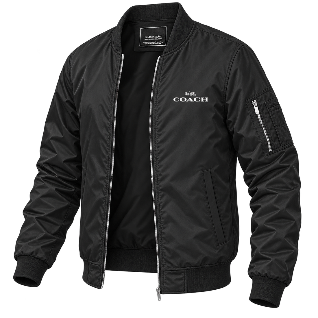 Men's Coach Lightweight Bomber Jacket Windbreaker Softshell Varsity Jacket Coat | Color: Black | Image 3