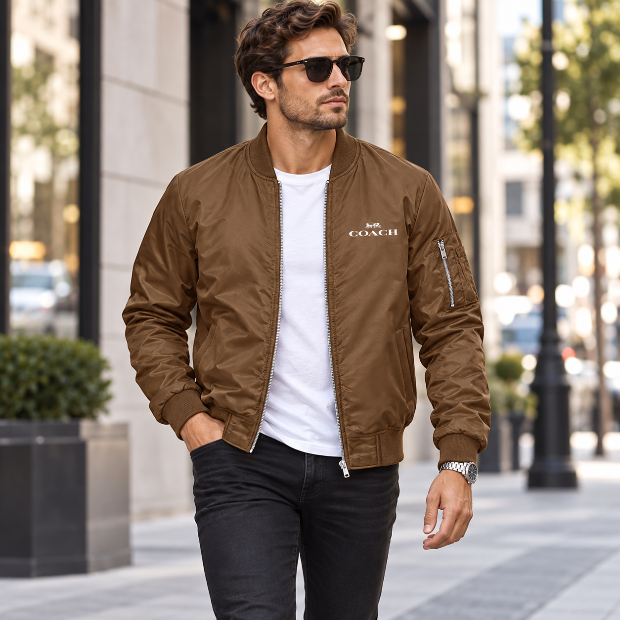 Men's Coach Lightweight Bomber Jacket Windbreaker Softshell Varsity Jacket Coat | Color: Brown | Image 1