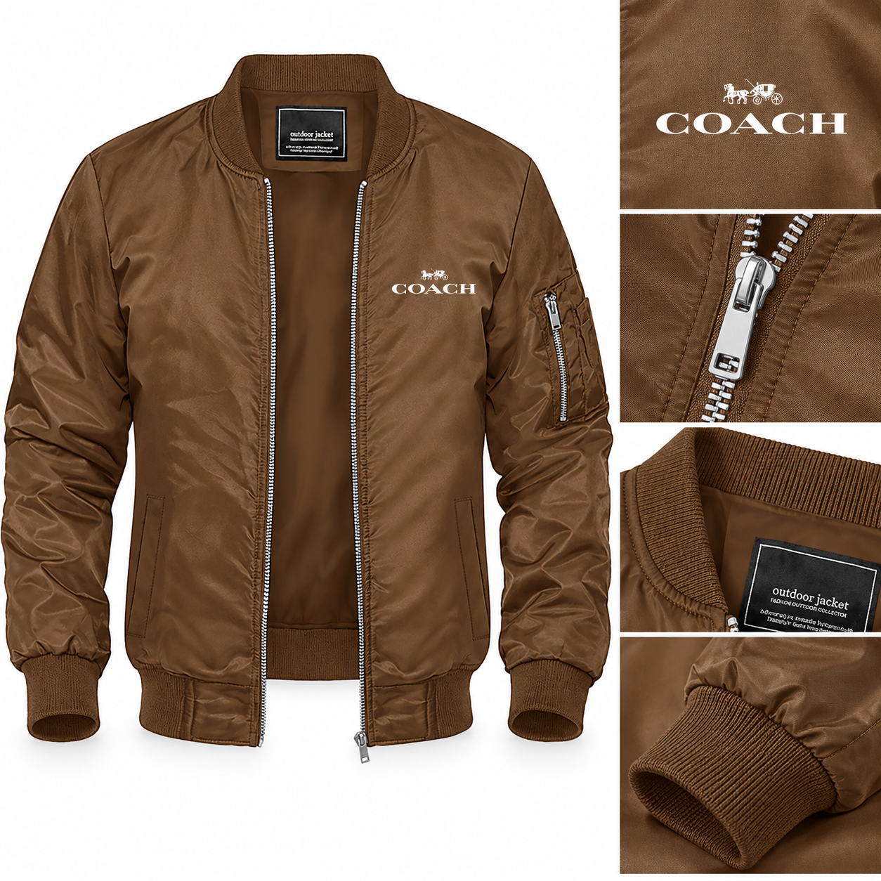 Men's Coach Lightweight Bomber Jacket Windbreaker Softshell Varsity Jacket Coat | Color: Brown | Image 2