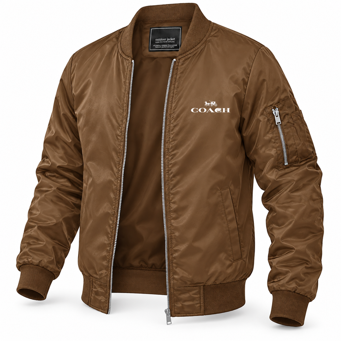 Men's Coach Lightweight Bomber Jacket Windbreaker Softshell Varsity Jacket Coat | Color: Brown | Image 3