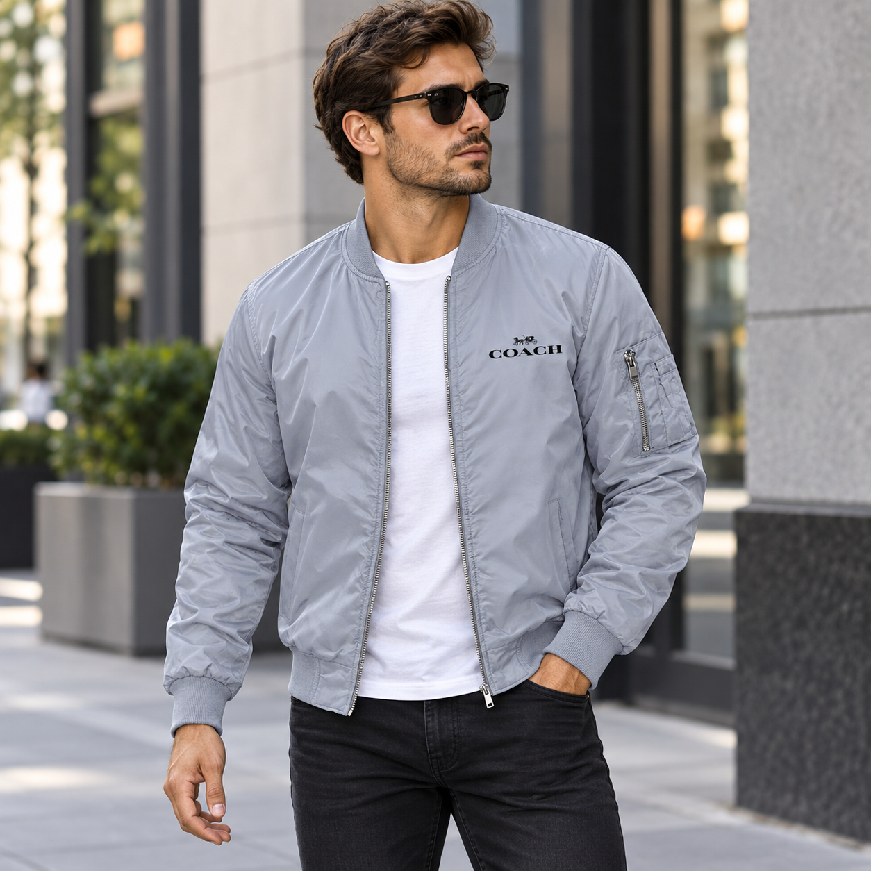 Men's Coach Lightweight Bomber Jacket Windbreaker Softshell Varsity Jacket Coat | Color: Grey | Image 1