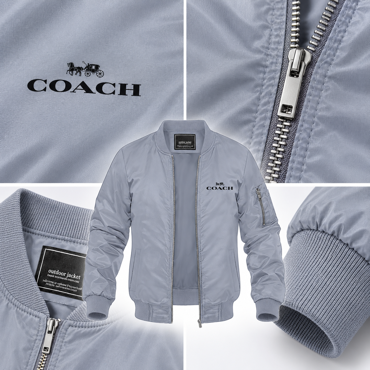 Men's Coach Lightweight Bomber Jacket Windbreaker Softshell Varsity Jacket Coat | Color: Grey | Image 2