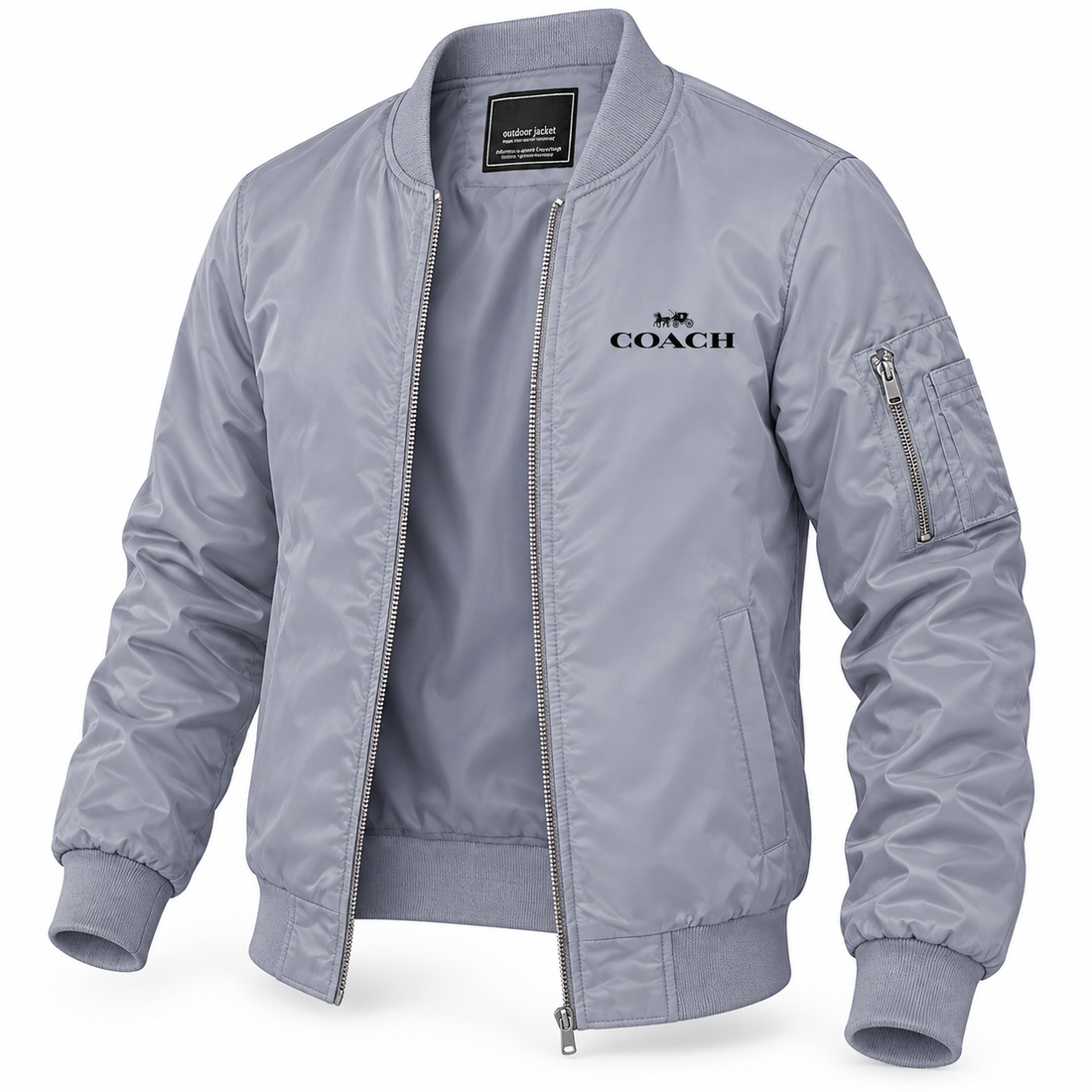 Men's Coach Lightweight Bomber Jacket Windbreaker Softshell Varsity Jacket Coat | Color: Grey | Image 3