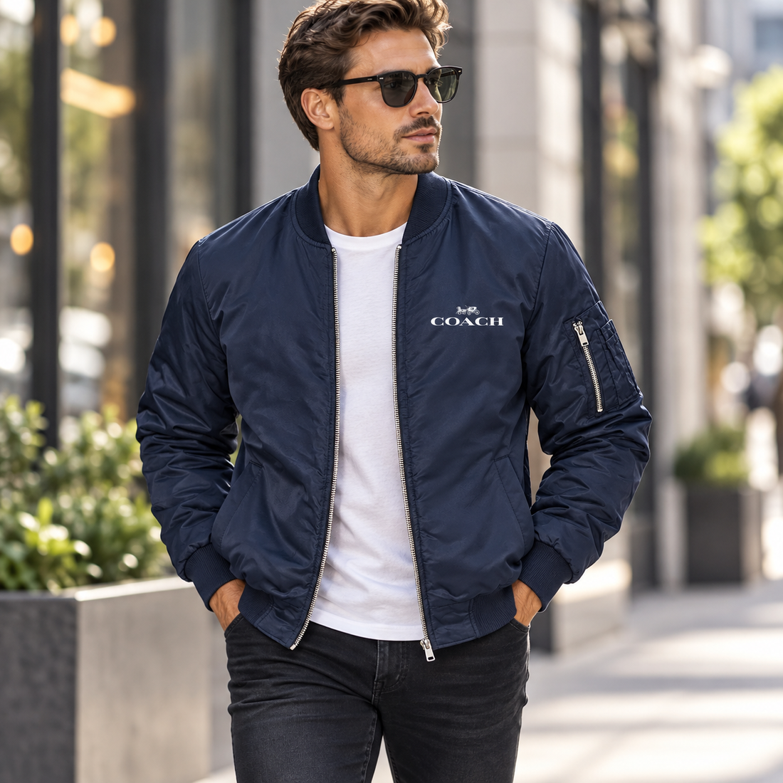 Men's Coach Lightweight Bomber Jacket Windbreaker Softshell Varsity Jacket Coat | Color: Navy | Image 1