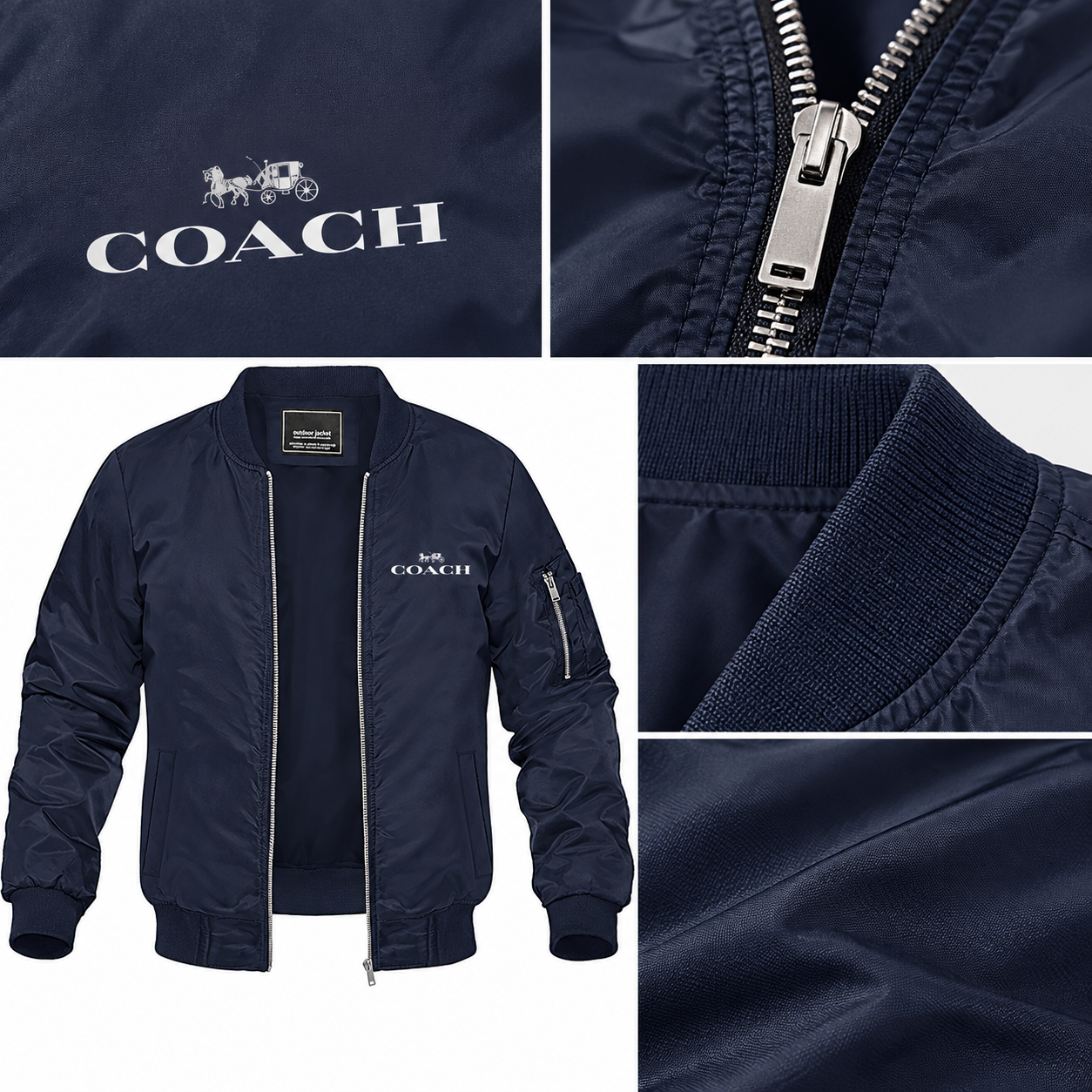 Men's Coach Lightweight Bomber Jacket Windbreaker Softshell Varsity Jacket Coat | Color: Navy | Image 2