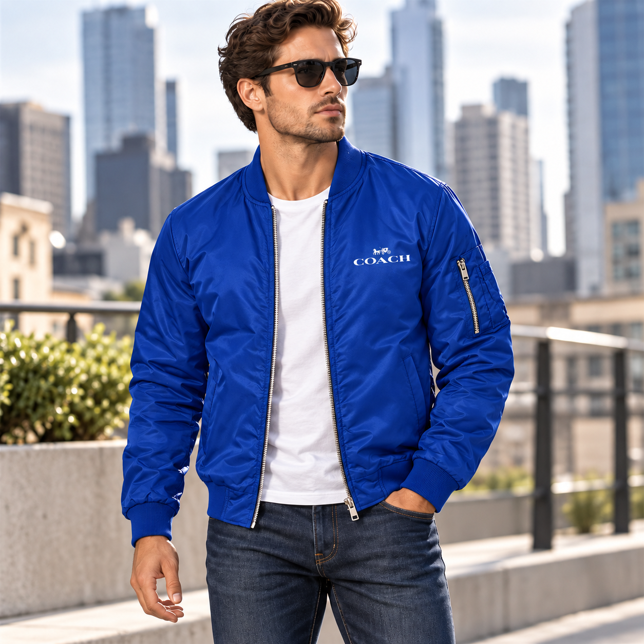 Men's Coach Lightweight Bomber Jacket | Color: Royal Blue | Image 1