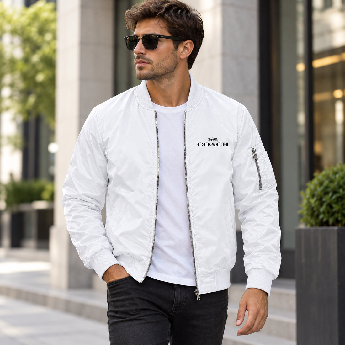 Men's Coach Lightweight Bomber Jacket Windbreaker Softshell Varsity Jacket Coat | Color: White | Image 1