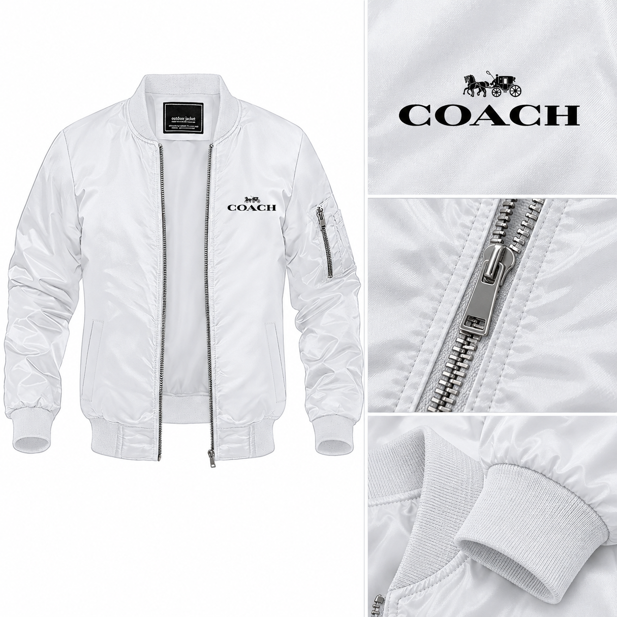 Men's Coach Lightweight Bomber Jacket Windbreaker Softshell Varsity Jacket Coat | Color: White | Image 2