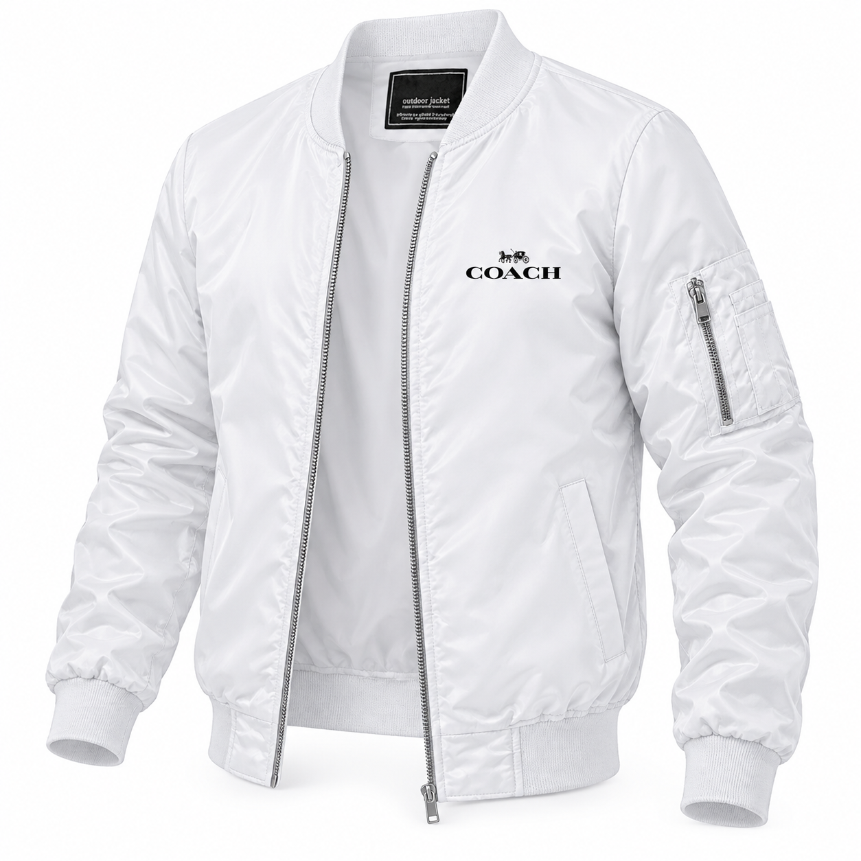 Men's Coach Lightweight Bomber Jacket Windbreaker Softshell Varsity Jacket Coat | Color: White | Image 3