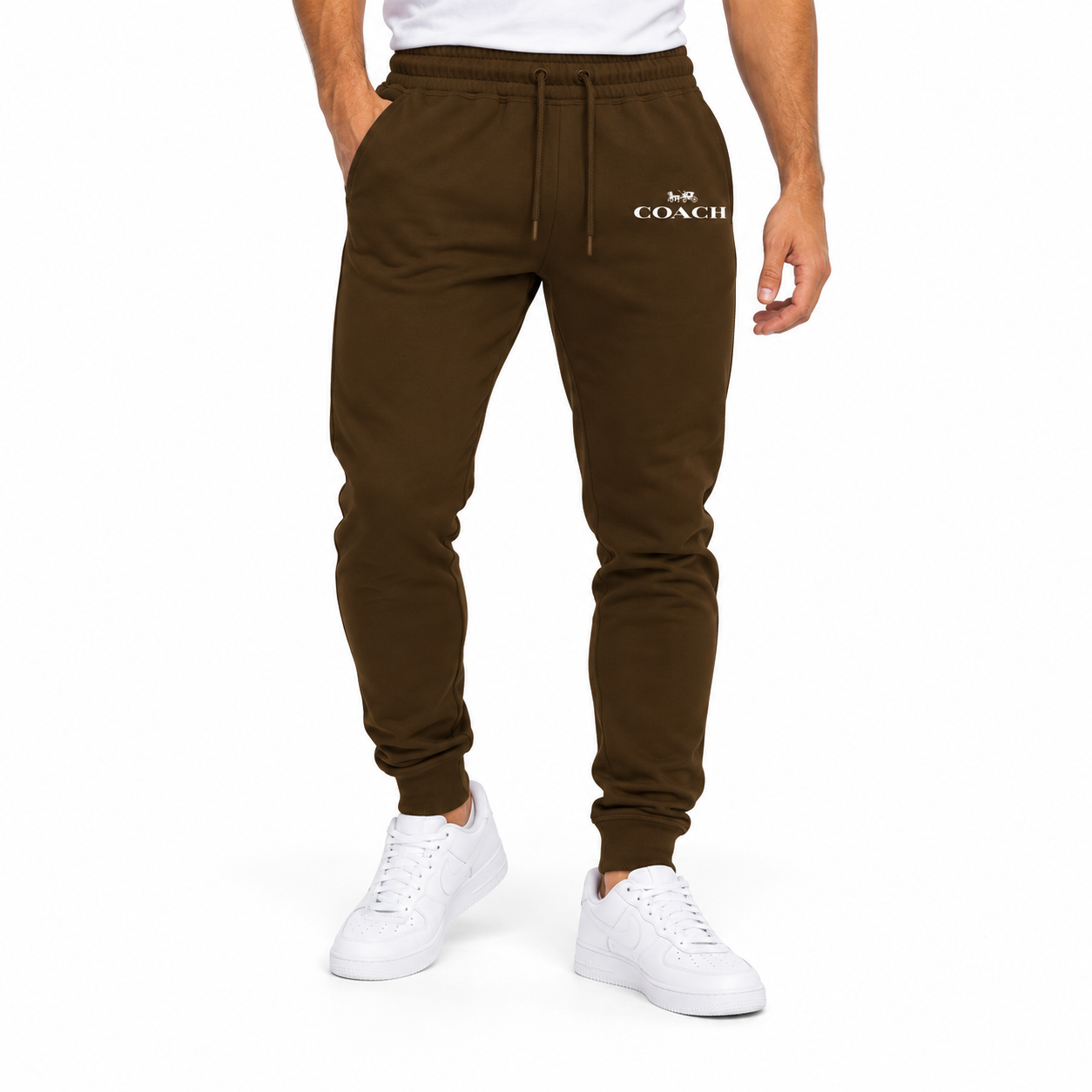 Coach sweatpants in Brown, model view