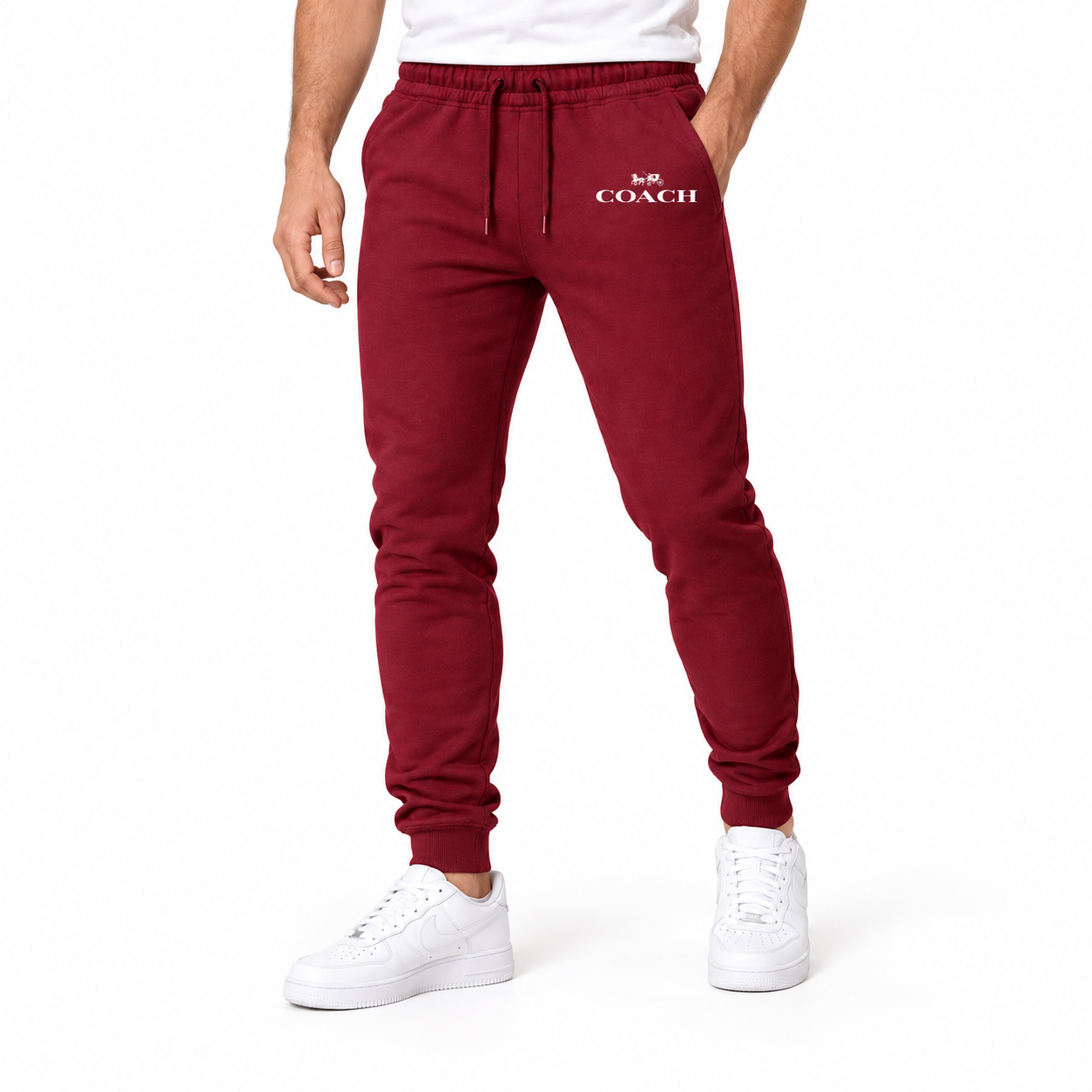 Coach sweatpants in Burgundy, model view