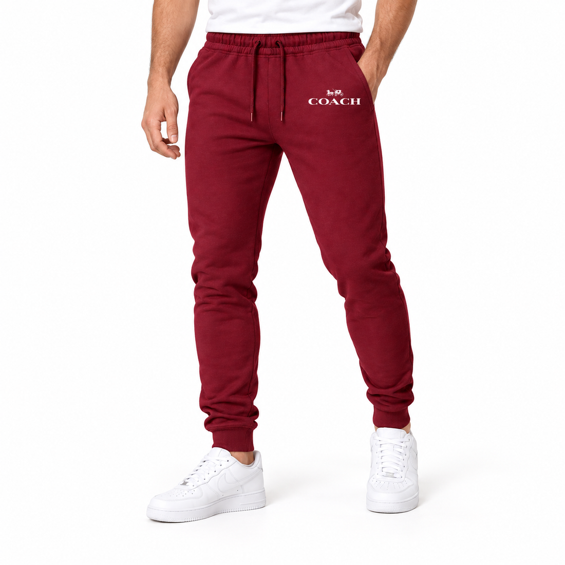 Coach sweatpants in Burgundy, model view