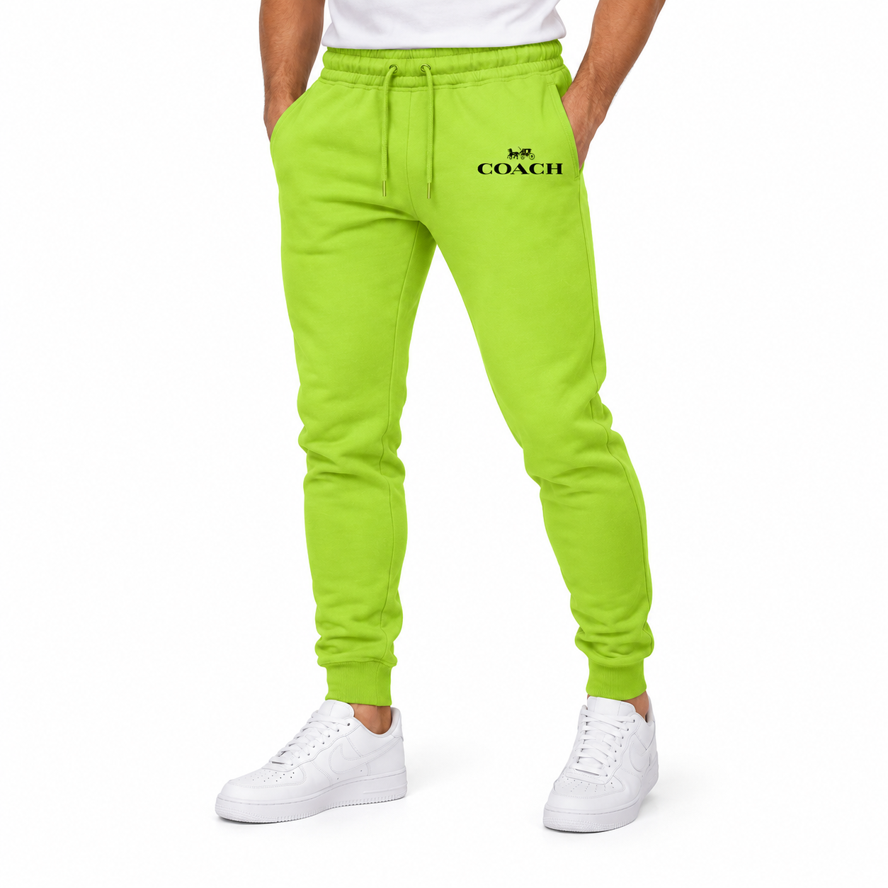 Coach sweatpants in Lime Green, model view