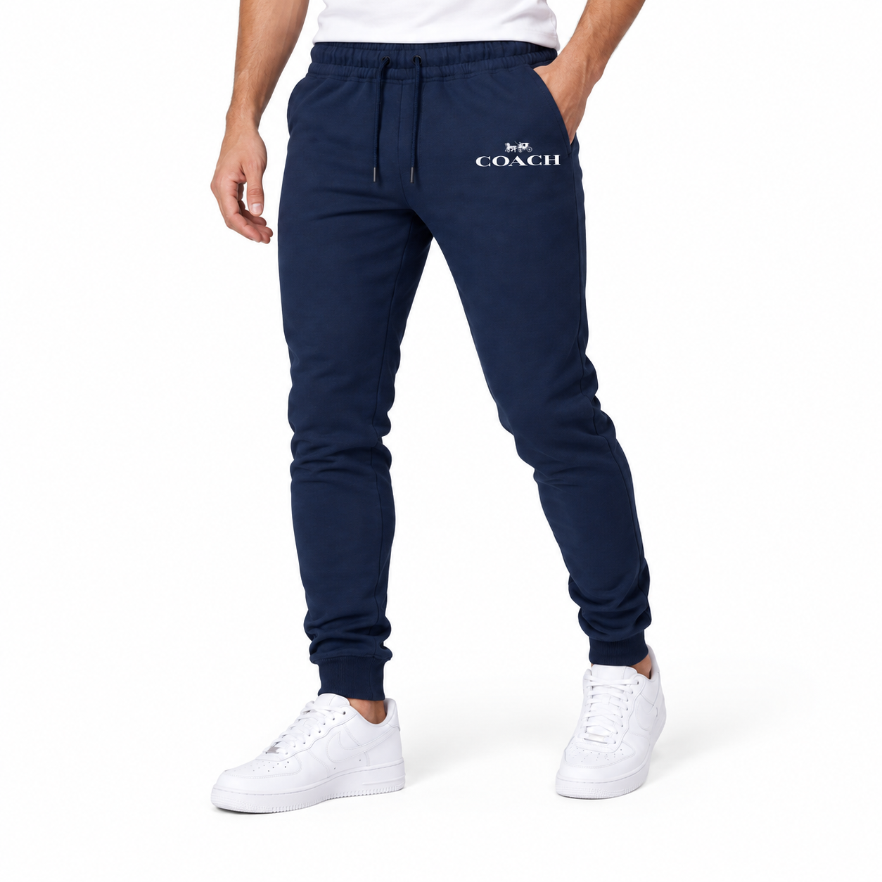Coach sweatpants in Navy, model view